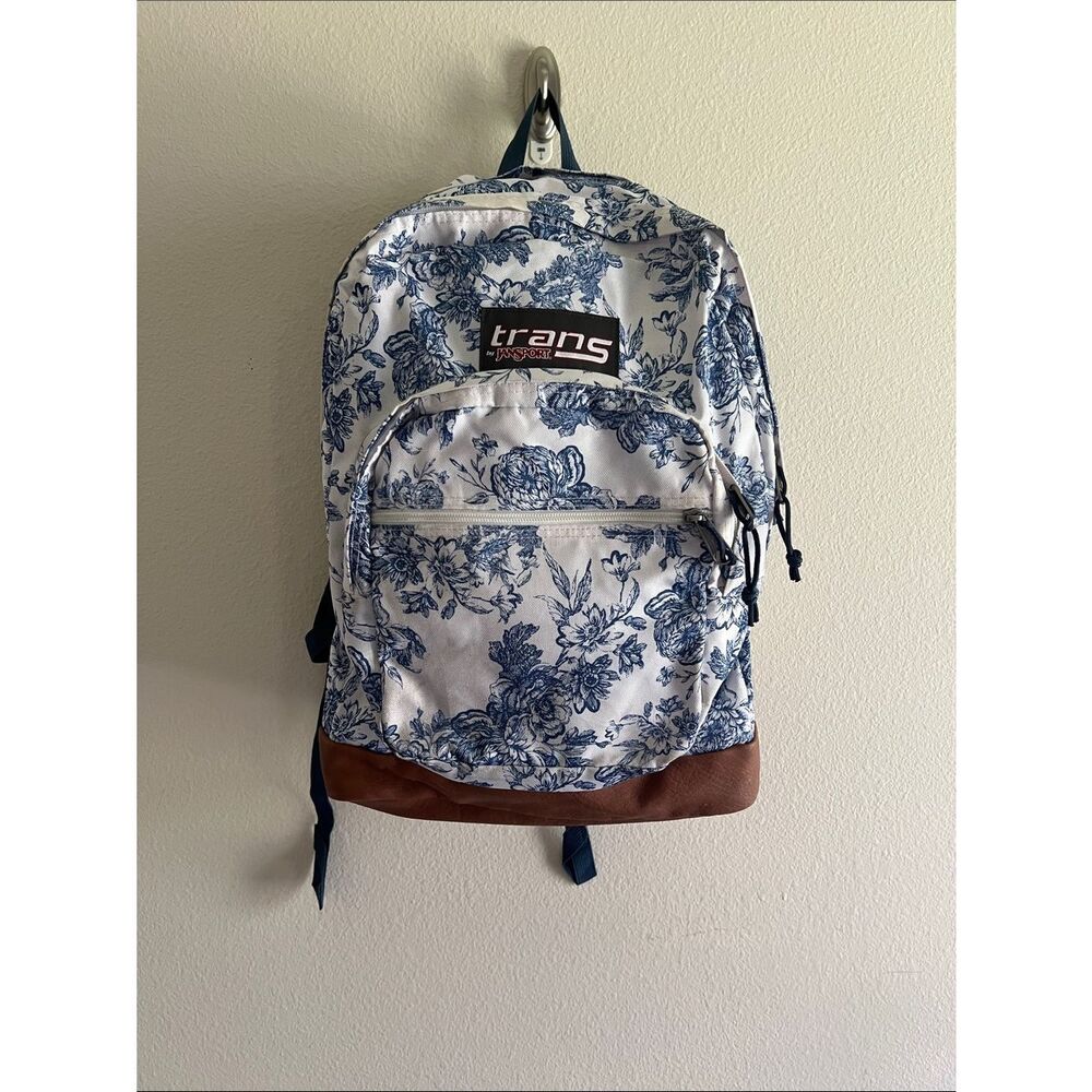 Trans by JanSport Blue White Floral Toile Backpack Leather Bottom Book Bag